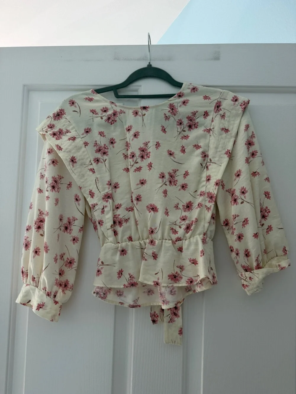 Zara Floral Tie-Back Peplum Blouse - Cream with Pink Floral